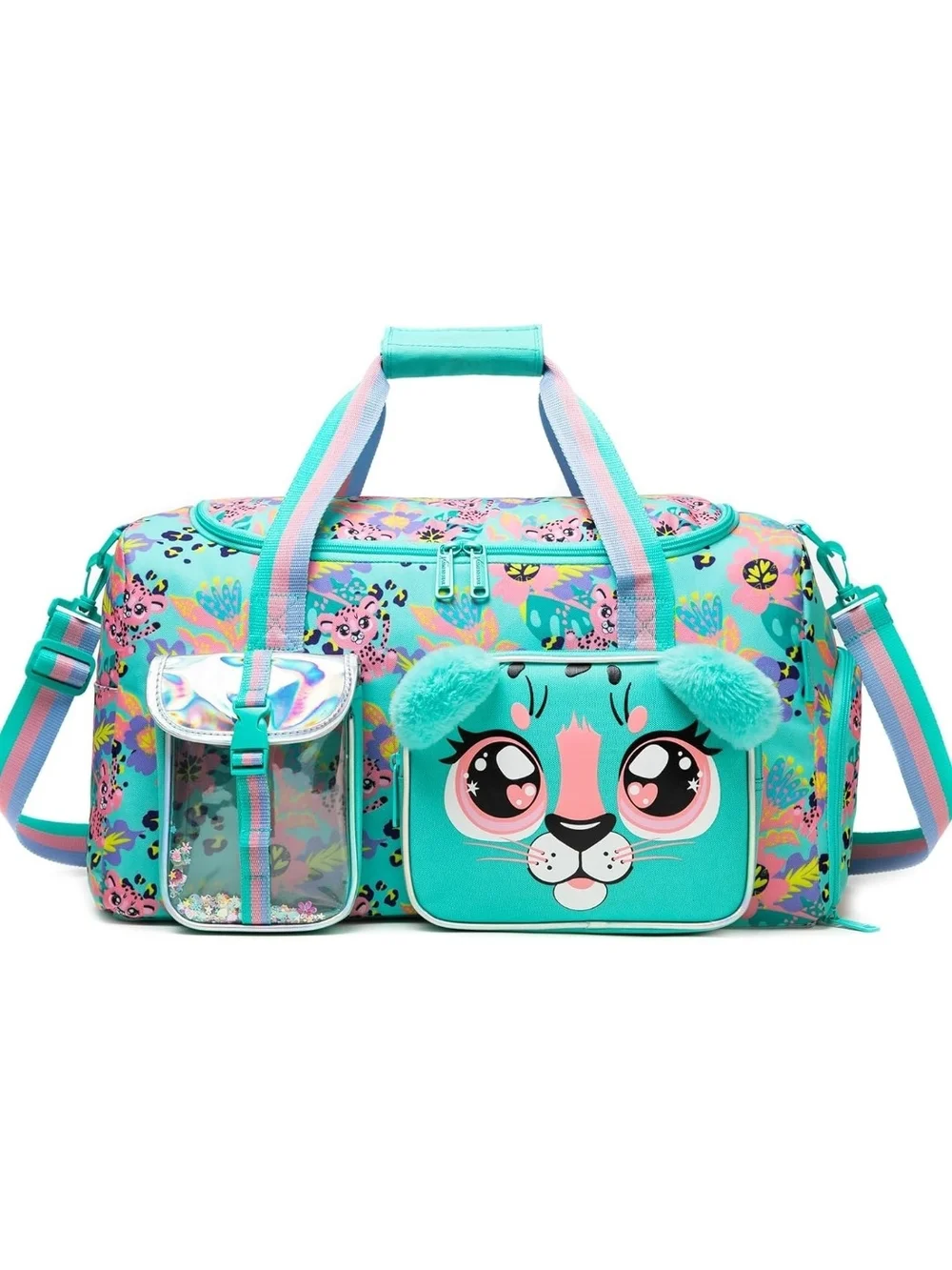 Kids Aqua Animal Print Duffel Bag with Plush Face Pocket